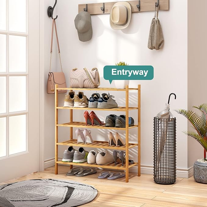 5-Tier Bamboo Shoe Rack for Entryway, Stackable | Foldable | Natural, Shoe Organizer for Hallway Closet, Standing Shoe Racks for Indoor Outdoor
