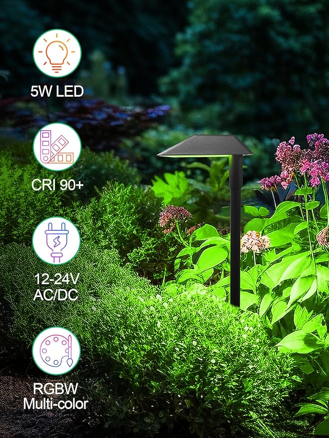 5W RGBW Low Voltage Landscape Lights LED Pathway Lights with Connectors,IP66 Waterproof Color Changing Landscape Lighting 12-24V Landscape Path Light for Walkway Garden Yard Lawn (12Pack)