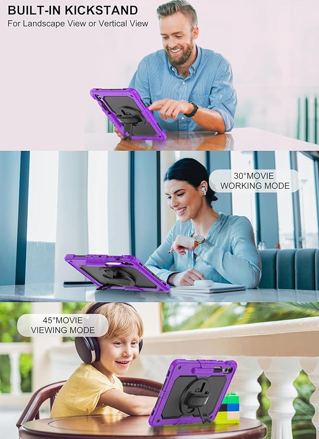 Case for Samsung Galaxy Tab S10 Plus/ S9 FE Plus/ S9 Plus 12.4" Tablet Case with Tempered Glass Screen Protector, Rotating Kickstand, S Pen Holder, Hand & Shoulder Strap (Purple)