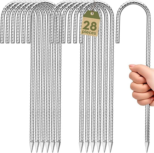 12 inches Ground Stakes Heavy Duty 28 Pieces Metal Fence Rebar Stake 5/16" Diameter J Hook Ground Spikes, Tent Stakes, Swing Set and Gazebo Anchors