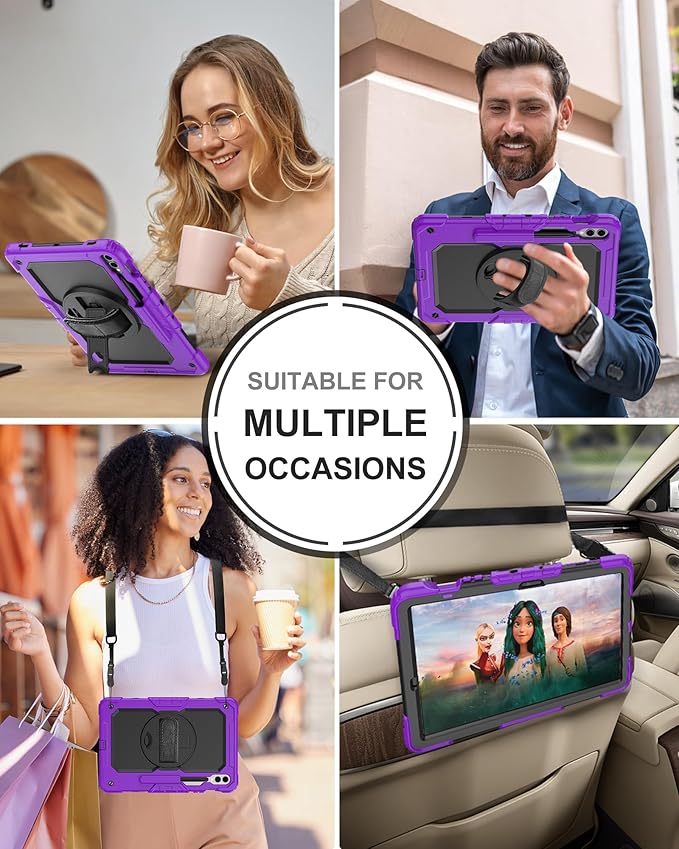 Case for Samsung Galaxy Tab S10 Plus/ S9 FE Plus/ S9 Plus 12.4" Tablet Case with Tempered Glass Screen Protector, Rotating Kickstand, S Pen Holder, Hand & Shoulder Strap (Purple)
