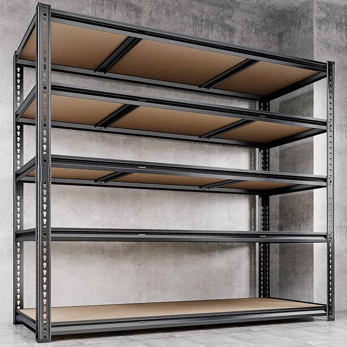 48"W Garage Shelving, 3050LBS Storage Shelves heavy duty, 5 Tier Metal Shelving Unit Adjustable Garage Shelves Heavy Duty Shelving for Warehouse,Commercial, Kitchen, 48" W × 24" D × 72" H, Black，2PCS