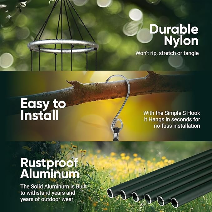 Nature’s Melody Aureole Tunes Wind Chimes – Outdoor Windchime with 6 Tubes Tuned to C Pentatonic Scale, 100% Rustproof Aluminum, Powder Finish & S Hook Hanger for Sympathy, Memorial Gift or Zen Garden