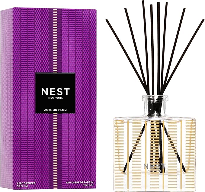 NEST New York Reed Diffuser, Autumn Plum - 5.9 fl oz - Fragrance for Up to 90 Days - Reusable, Refillable Glass Holder - Includes 8 All-Natural Reed Sticks - Flame Free