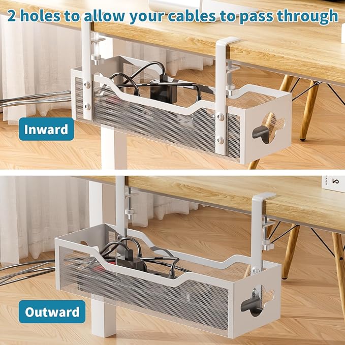 Under Desk Cable Management Tray 2 Pack, No Drill Cable Organizer With Clamp for Standing Desk, Easy to Install Cord Management System, No Damage Wire Organizer