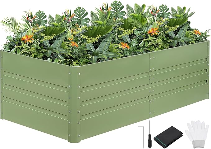 G GOOD GAIN 6x3x1.8ft Raised Garden Bed - Metal Planter Box Outdoor with Weed Barrier Fabric | Deep Root Raised Beds for Gardening Vegetables Flowers Herb Fruits (Olive Green)
