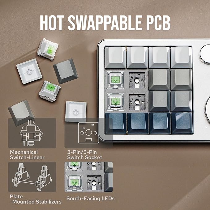 KiiBoom Cybrix 16 VIA Programmable Macro Pad - 16 Keys + 3 Knobs, Type-C Wired Aluminum Numpad, Hot-Swappable PCB, RGB Backlight, Lightweight & Portable Numeric Keypad for Windows & Mac (Silver)