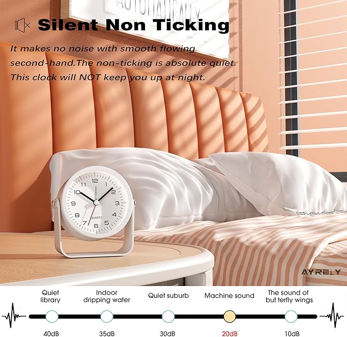 AYRELY® 3.5 Inch Small Analog Alarm Clocks,Battery Operated Desk Clock,Cute Table Clock with Light，Adjustable Angle for Travel,Bedside,Bedroom,Kids,Living Room Decor (White)