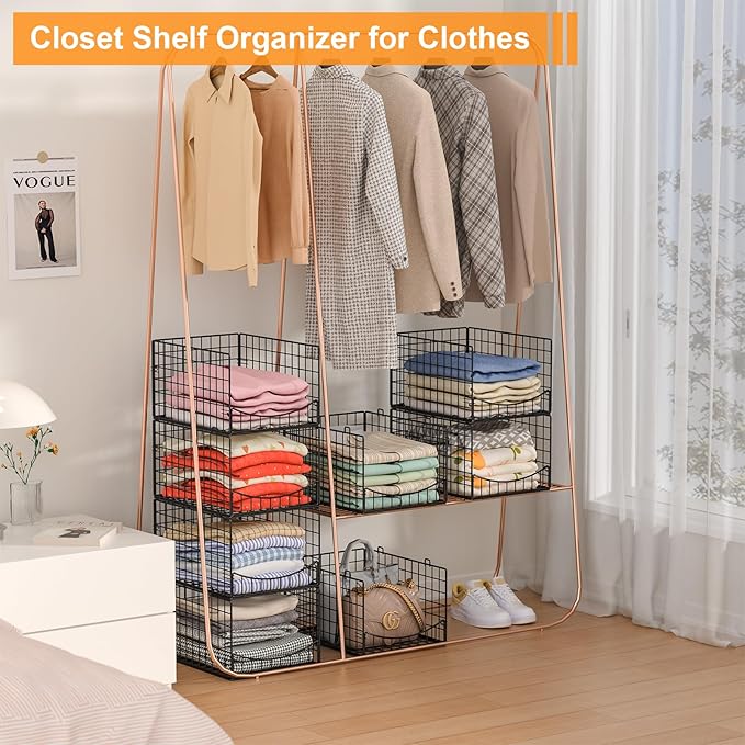 4-Tier Stackable Closet Organizers and Storage Shelves, Clothes Storage Basket, Clothes Shelf Organizer Sweater Organizer Bins Container for Wardrobe Kitchen Bathroom Office, Black
