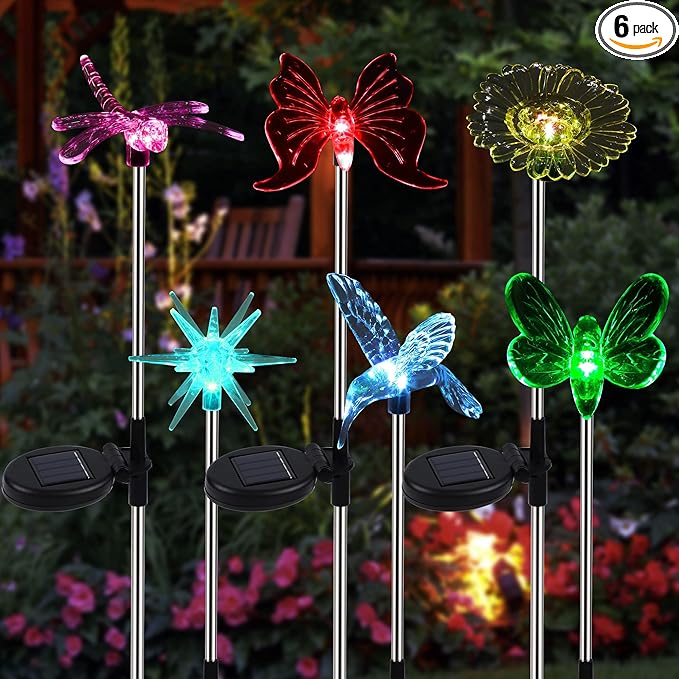 Glintoper 6 Pack Solar Garden Stake Lights Outdoor, Solar Butterfly Figurine Lights, Multi-Color Changing LED Landscape Lighting, Sparkling Star Flower Hummingbird Dragonfly Bee for Patio Yard Pathway