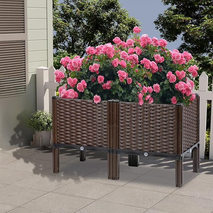 Rattan Raised Garden Bed with Legs-Rectangular Elevated Planters for Outdoor Plants, Self Watering Planter Box 32"L x 16"W x 20"H, Rectangular Deep Garden Bed for Vegetables, Flowers, Herbs