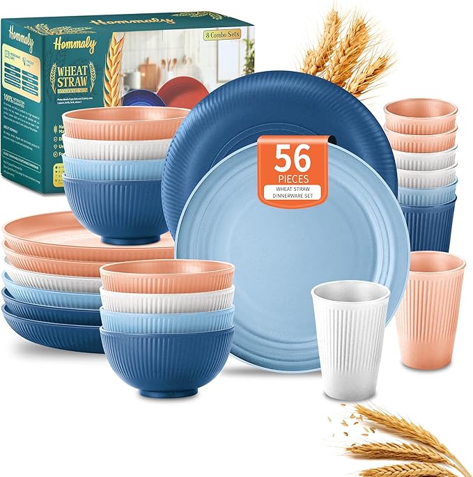 Hommaly Wheat Straw Dinnerware Sets,56-Piece Plates and Bowls Sets for 8-Unbreakable,Reusable Plastic Dish Set-Dinner Plate/Cereal Bowl/Cup/Utensils-Microwave Dishwasher Safe 56P-Oecan Coral