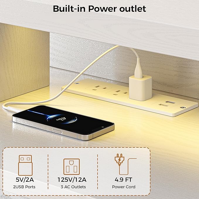 IRONCK TV Stand for TVs 85 inch with Power Outlet and LED Lights, Entertainment Center with Storage Cabinets, Media TV Console with Drawers, Modern TV Stand for Living Room, White