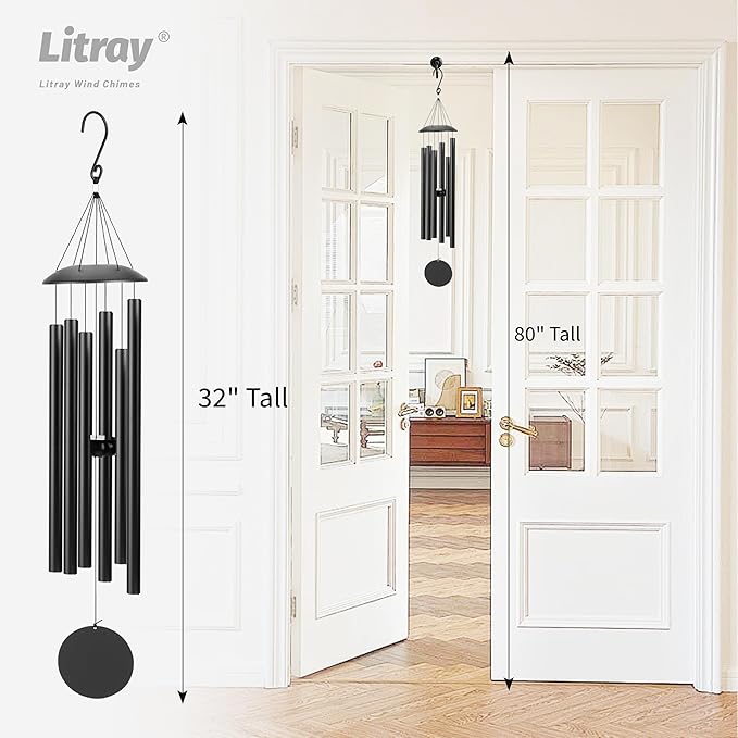 32" Wind Chimes for Outside with Clear & Crisp Sound, Coolest Metal Windchimes Outdoors with Pine Wood Striker, Unique Gift for Mom, Garden Decoration(Black)