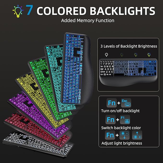 Large Print Backlit Wireless Keyboard – Silent Keyboards with Wrist Rest, 7-Color Light up, Quiet Low Profile Keys, 2.4G Wireless Rechargeable Full Size Keypad for Computer Laptop Windows Mac, Black