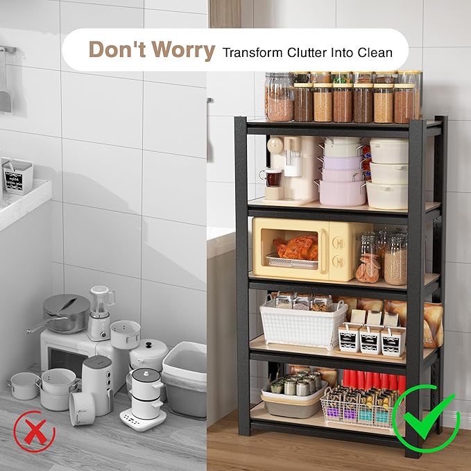 WORKPRO House 5-Tier Shelving Unit, 3000lbs Adjustable Storage Shelves, Boltless Book Shelf, Shelf Organizer for Kitchen, Living Room, Bathroom, Wood Grain Pattern, Waterproof Board, 24-1/10"W, Black