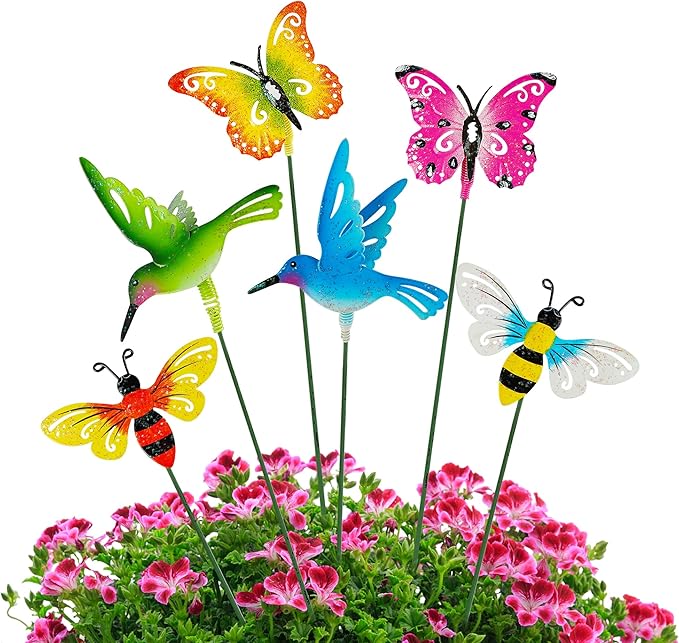 Juegoal 6 Pack Metal Yard Stakes Spring Decor, Outdoor Metal Colorful Butterfly Hummingbird & Bee Shaking Head Yard Art, Rust Proof Metal Plant Sticks for Yard Lawn Pathway Patio Ornaments