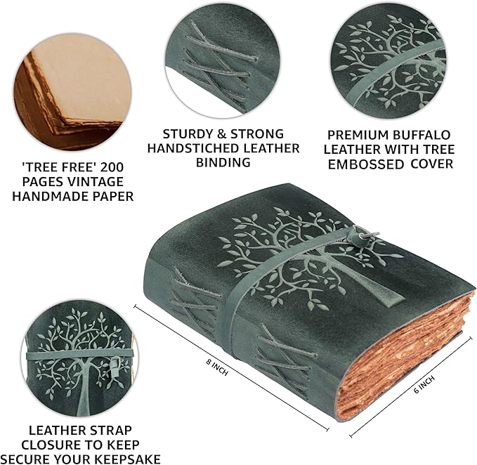 LEATHER VILLAGE Tree of Life Journal - 8"X6" (A5) inches - Auq - 200 Antique Deckle Edge Handmade Paper – Book of Shadows - Vintage Leather Bound Journal for Women & Men