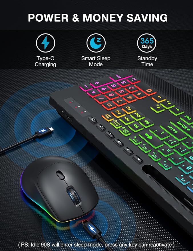 SABLUTE Wireless Keyboard and Mouse Combo, 9 Backlit Effects, Large Print, Wrist Rest, Phone Holder, 2.4G Lag-Free Ergonomic Keyboards, Rechargeable Easy to See Cordless Set for Computer, Laptop, PC