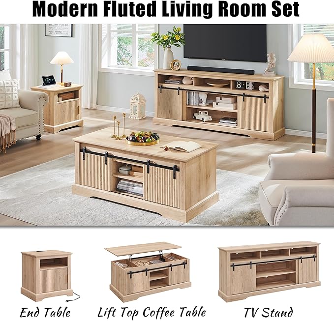 Fluted TV Stand for 75 Inch TVs, 32" Tall Modern Entertainment Center with Waveform Panel Sliding Door, Media Console Cabinet with Storage & Adjustable Shelf for Living Room, 66 inch (Natural)