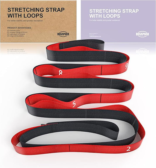 ROSAPOAR Stretching Strap with Loops - Non Elastic Yoga Straps for Physical Therapy, Durable Stretch Bands for Exercise, Flexibility Training, Hamstring & Leg Stretcher, Yoga/Pilates/Gymnastics