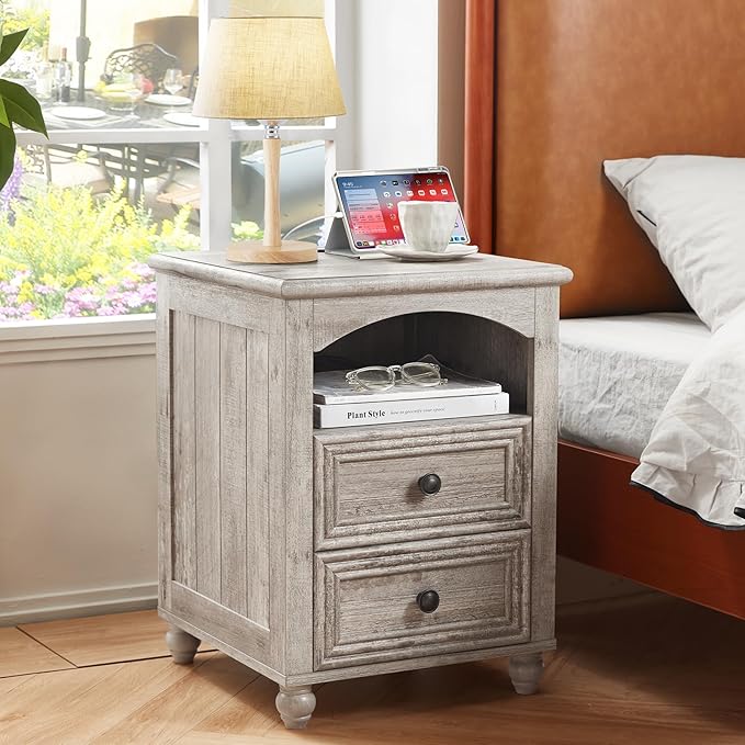 18" Farmhouse Night Stand with Charging Station, Gray Wood Nightstand with 2 Drawers, Bedside End Table with Shelf Storage, Bed Side Tables Cabinet for Bedroom, Living Room, and Closet