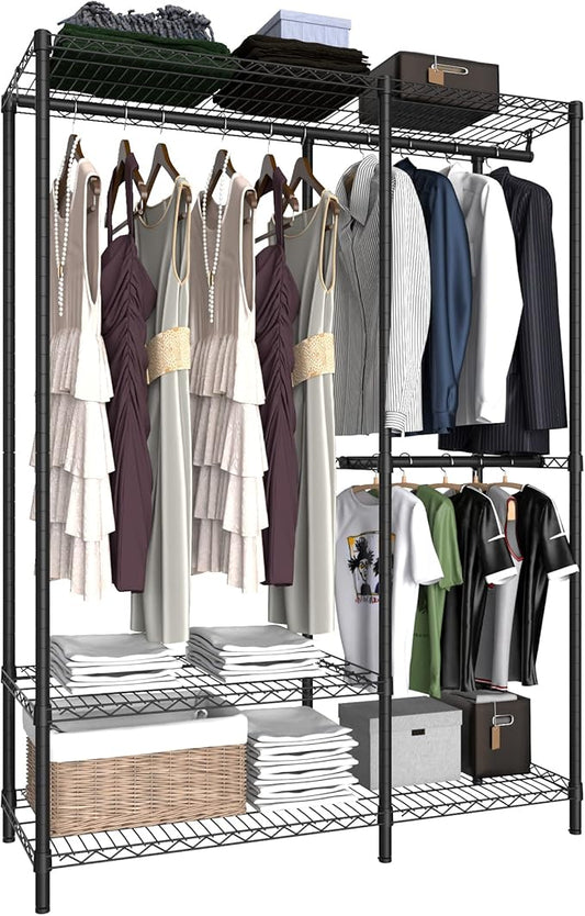 Heavy Duty Garment Rack for Hanging Clothes,Wire Metal Clothing Rack,Adjustable Portable Clothing Rack,Freestanding Open Wardrobe Organizer Rack,39.5"L x 15.75"W x 75.6"H Max Load 600LBS,Black