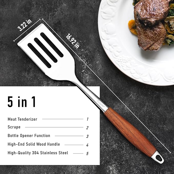 Professional Grade Stainless Steel Cooking Spatula - 17 Inches, Sturdy and Durable, Premium Solid Wood Handle, with Bottle Opener, Suitable for Barbecue, Outdoor Kitchens, and Grilling Food