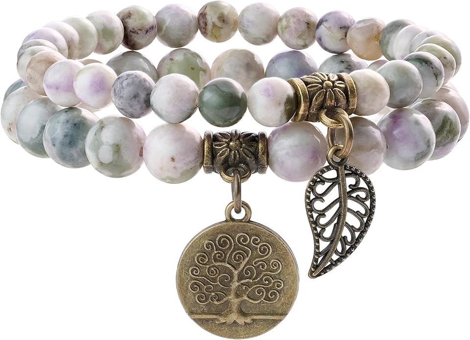 Bivei Natural Semi Precious Gemstone beads bracelet for women - Life Tree and Leaf Charm Energy Reiki Crystal Stretch Bracelets