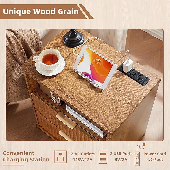 LEYAOYAO Fluted Farmhouse Nightstand Set of 2 with Charging Station, 23" Wide 2 Drawers End Table,Brown Dresser for Bedroom,Bed Side Table Chest of Drawers Cabinet,Wood Night Stand for Living Room