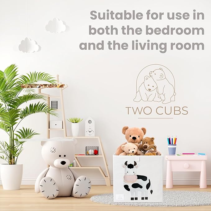 Two Cubs Foldable Kids Toy Storage Box - 13"x13" Cube Organizer Bin with Durable 2.6mm Plastic Plate Boards, Goat Design in White - Collapsible Nursery & Playroom Storage, Fits IKEA Kallax Shelves