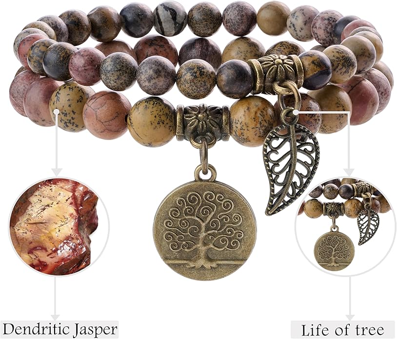 Bivei Natural Semi Precious Gemstone beads bracelet for women - Life Tree and Leaf Charm Energy Reiki Crystal Stretch Bracelets