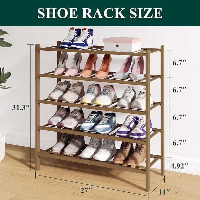 Smiry Bamboo Shoe Rack for Closet, 5 Tier Wooden Stackable Shoe Organizer, Free Standing Shoes Storage Shelf for Entryway, Front Door Entrance, Walnut
