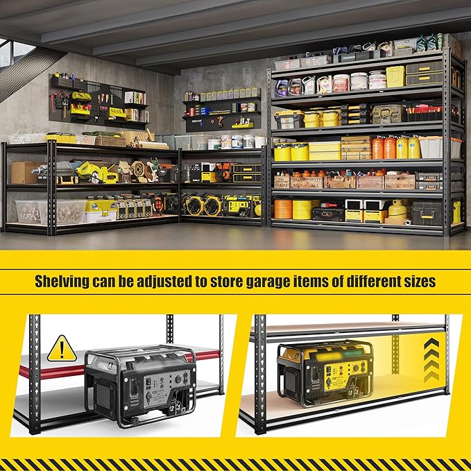 REIBII 6-Tier Garage Shelving, 84" H Storage Shelves Load 3300LB, Adjustable Metal Shelving, Large-Capacity Garage Shelves for Basement, Warehouse, 48.2" W X 84" H X 24" D, Black