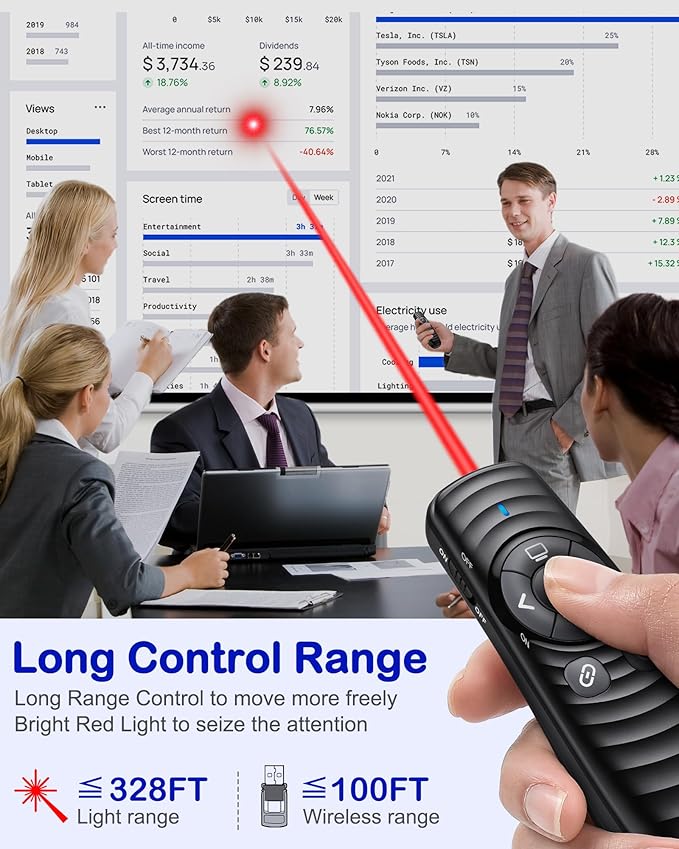 Wireless Presentation Clicker, Powerpoint Clicker Remote with Laser Pointer,Rechargeable Presentation Remote with Hyperlink & Volume Control for PowerPoint, Mac, Computer, Laptop