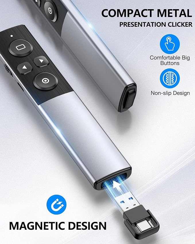 Wireless Presentation Clicker- Clicker for Powerpoint Presentations- Rechargeable Presentation Remote, Slide Advancer for Keynote/PPT/Mac/PC/Laptop