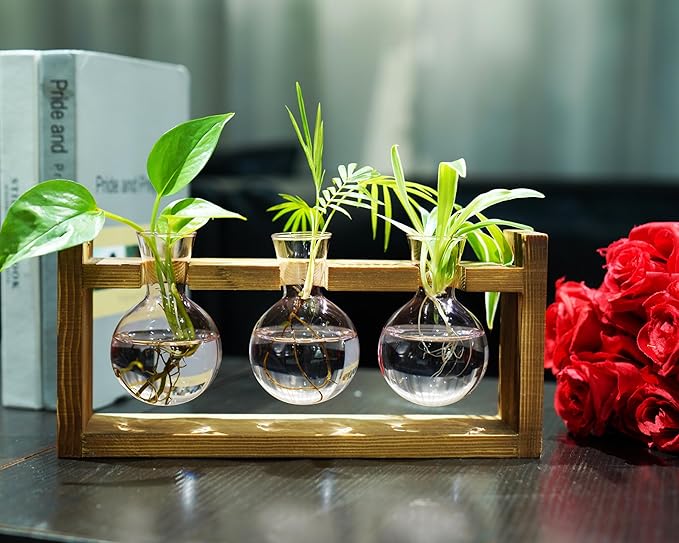 Kingbuy Glass Plant Terrarium Propagation Station - 3 Bulb Colored Vases with Retro Wood Stand Indoor Garden Planter - Wall Mounted & Desktop Decor for Home Kitchen Wedding, Gift for Plant Lover, Pink