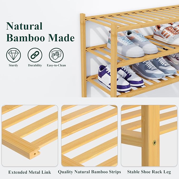Smiry Shoe Rack, 2 Tier Thick Bamboo Shoe Organizer, Stackable Free Standing Wooden Shoe Storage Shelf for Closet, Entryway, Front Door Entrance, Natural