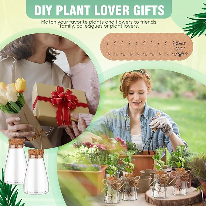 Baderke 3.35'' Plastic Plant Propagation Stations with Hole Lid Planter Vase Clear Propagation Jars with Thank You Tags for Plant Lover Gifts for Women Office Home Garden(12 Pack,Cute)