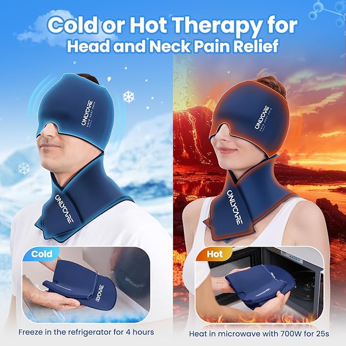 ONLYCARE Migraine Relief Cap and Neck Ice Pack Wrap Gel Set, Upgrade Headache Relief Cap and Shoulder Cold Pack, Hot and Cold Compress, Relief of Pain, Swelling, Office Pressure