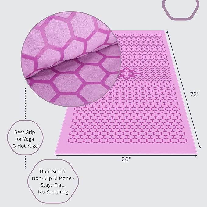 Clever Yoga Hot Yoga Mat Towel – Non-Slip Grip for Hot Yoga, Sweat Absorbent, Honeycomb Silicone Grip, Stays Flat – Ideal for Pilates, Travel, Washable & Lightweight - Lilac