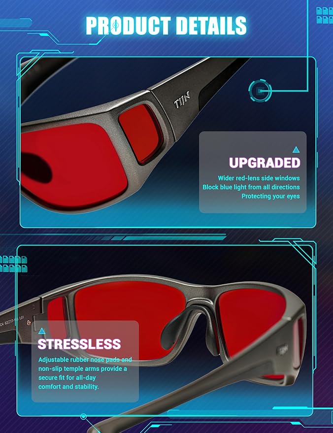 TIJN Sonia Sleep Glasses for Blue & Green Light Blocking,Red Lens with Dual AR Coating,Wraparound Frame for Gaming Screen