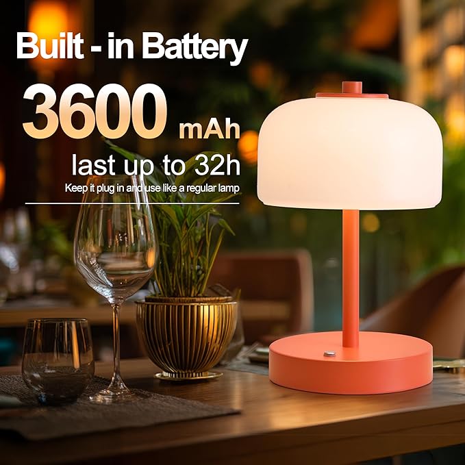 Oneach 9" Cordless Table Lamp, Orange Rechargeable Battery Operated Lamp, 3-Way Stepless Dimming Touch Lamps, Small Glass Bedside Nightstand Light for Bedroom Dining Table Living Room Shelf Decor