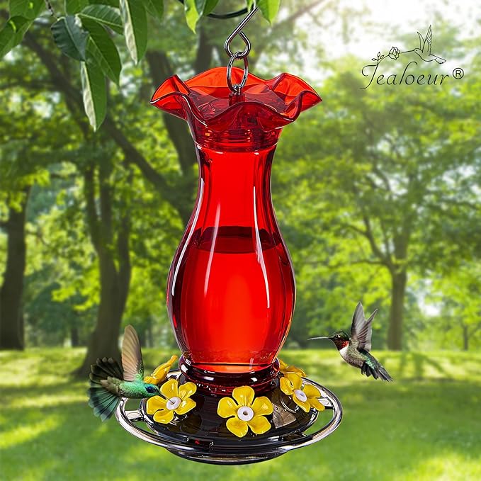 Hummingbird Feeder for Outdoors Hanging, 18 OZ Humming Birds Feeders with 6 Bee Guard Feeding Ports & Built-in Ant Moat, Easy to Clean, Durable Outdoor Garden Decor (Red 1 Pack-C)