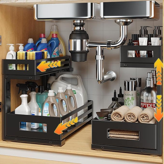 2-Pack Under Sink Organizers and Storage,2-Tier L Shape Pull Out Cabinet Organizer With Round Tube Slide Rails,Hight Adjustable Slide Out Drawers for Kitchen&Bathroom,Multi-Purpose Storage Shelf-Black