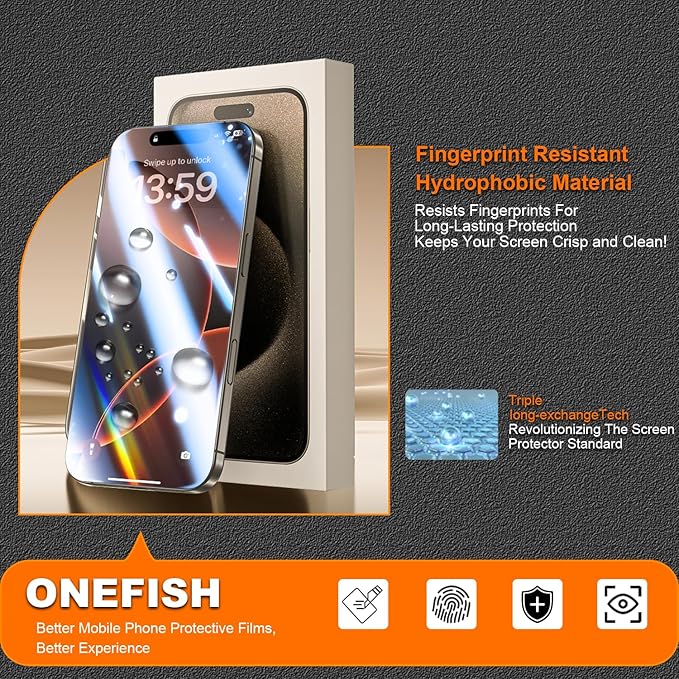 OneFish for iPhone 16 Plus 6.7 inch Tempered Glass Screen Protector 2 Pack Auto Dust-Elimination Easy Installation HD Clear Screen Protector