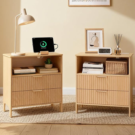Fluted Nightstand Set 2 with Charging Station, Wood Night Stand with 2 Large Drawers and Storage Shelf, Natural Bed Side Tables Bedroom, Mid Century Modern Nightstand for Bedroom/Living Room