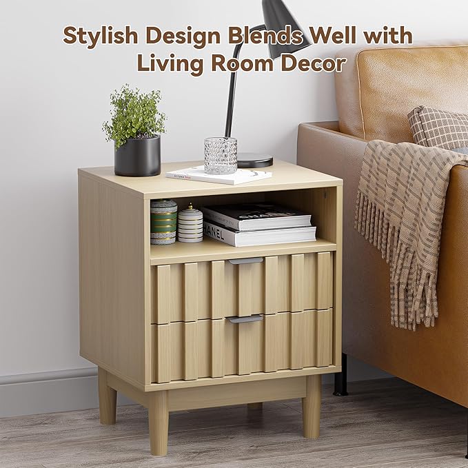 Fluted Nightstand Set of 2 with 2 Drawers, 19" Wide Night Stand with Solid Wood Legs, Open Storage Shelf, Mid Century Modern Wooden Bedside Table for Bedroom, Bed End Side Table, Oak