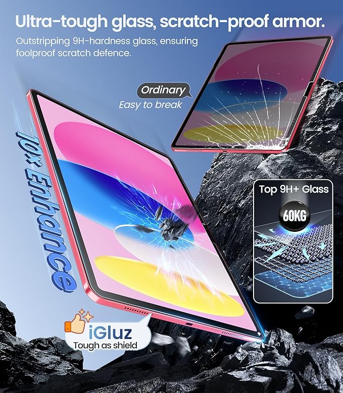iGluz 2 Pack for iPad 11th/10th Gen.(A16 2025/2022,11/10.9 inch)9H+ Tempered Glass Screen Protector with Easy-Install Box[12FT Grade Shatterproof]Apple Pencil Compatible,HD Clarity,Scratch Resistant