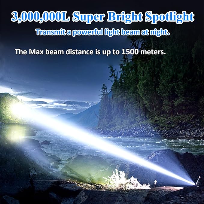 Rechargeable Spotlight, 3,000,000L High Lumens Led Spot Lights Outdoor Handheld Super Bright Powerful Long Range Flashlight with 4 Modes, Tripod, USB C, IPX5 Waterproof for Fishing Boating Camping